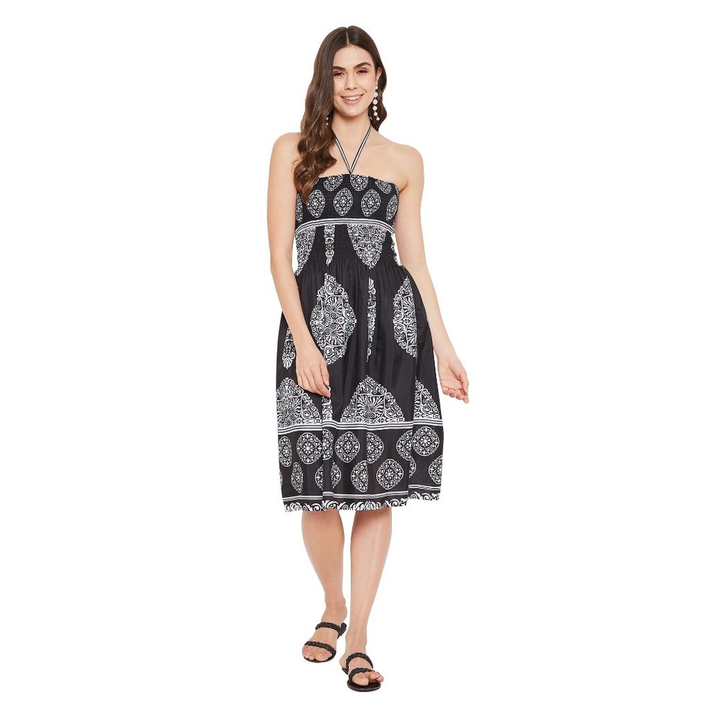 Tribal Print Black Polyester Tube Dress for Women